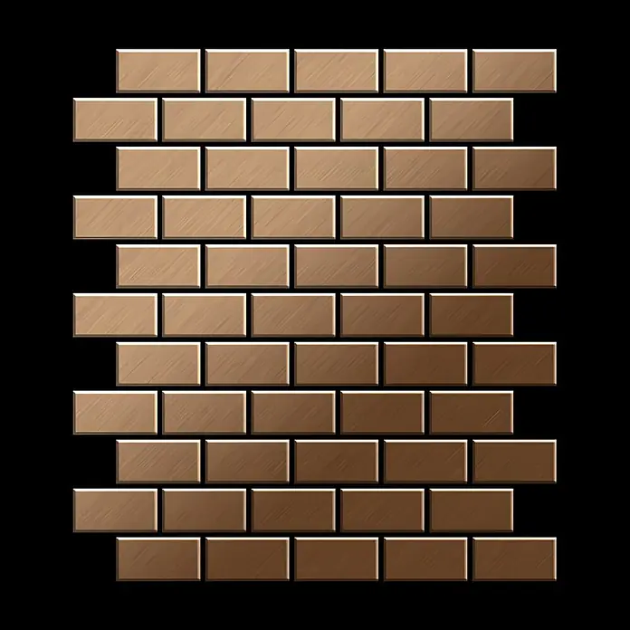 ALLOY Mosaikfliese Mosaik Fliese massiv Metall Titan gebürstet kupfer 1,6mm stark House-Ti-AB - 318 x 307 mm, Bronze, Sonstiges - Helle, rechteckige Fliesen in Braun mit gebürsteter Textur und abgeschrägten Kanten, bilden ein versetztes Wandmuster.
