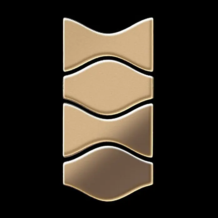 ALLOY Mosaikfliese Mosaik Fliese massiv Metall Messing gewalzt gold 1,6mm Kismet & Karma-BM - 299 x 299 mm, Gold, Sonstiges - Vier gestapelte, wellenförmige, beige-goldene Dekorelemente mit subtilem Farbverlauf.