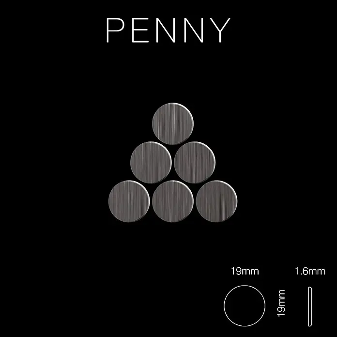 ALLOY Mosaikfliese Mosaik Fliese massiv Titan gebürstet dunkelgrau 1,6mm stark Penny-Ti-SB - 302 x 316 mm, Schwarz, Grau, Sonstiges - Sechs runde, gebürstete Metallplättchen, 19mm Durchmesser, 1,6mm dick. Maße angegeben.