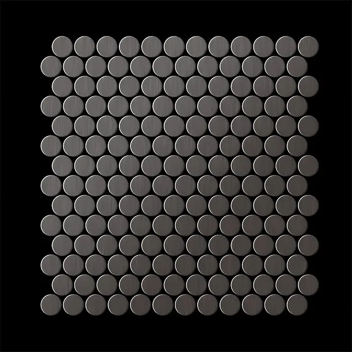 ALLOY Mosaikfliese Mosaik Fliese massiv Titan gebürstet dunkelgrau 1,6mm stark Penny-Ti-SB - 302 x 316 mm, Schwarz, Grau, Sonstiges - Quadratische Mosaikfliesen aus dunkelgrauen, gebürsteten Metallkreisen.