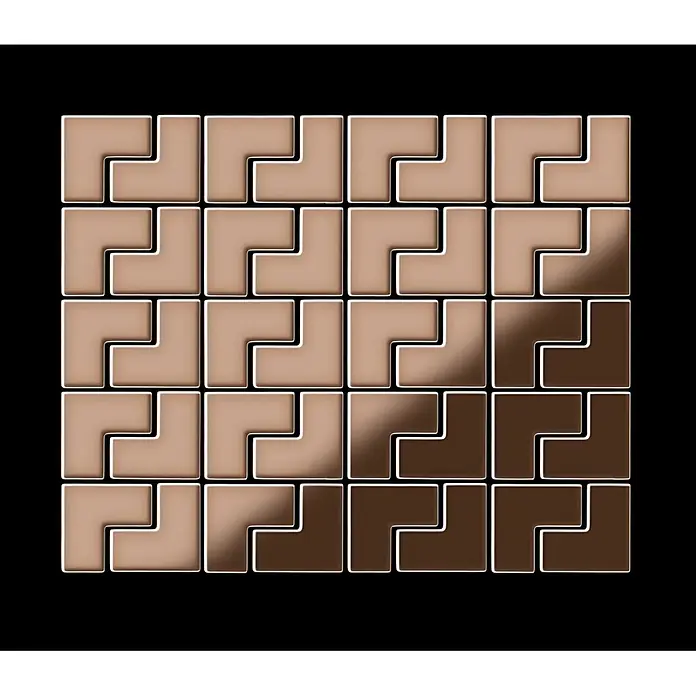 ALLOY Mosaikfliese Mosaik Fliese massiv Titan hochglänzend kupfer 1,6mm stark Kink-Ti-AM - 307 x 304 mm, Bronze, Hochglänzend - Glänzende, L-förmige Verbundfliesen in einem 5x5-Gitter mit braunem Hell-Dunkel-Verlauf.