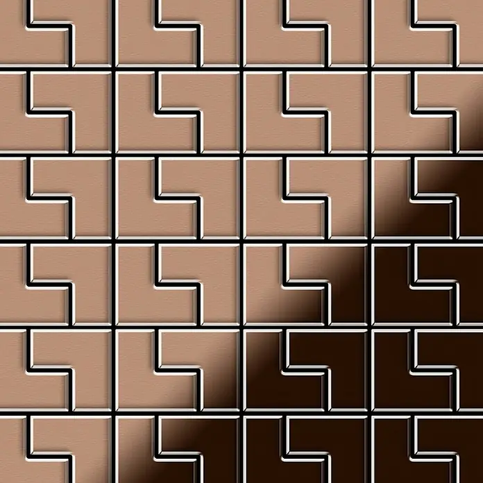 ALLOY Mosaikfliese Mosaik Fliese massiv Metall Kupfer gewalzt kupfer 1,6mm stark Kink-CM - 307 x 304 mm, Bronze, Sonstiges - Nahtloses Muster aus L-förmigen braunen Fliesen, von hell- zu dunkelbraun verlaufend.