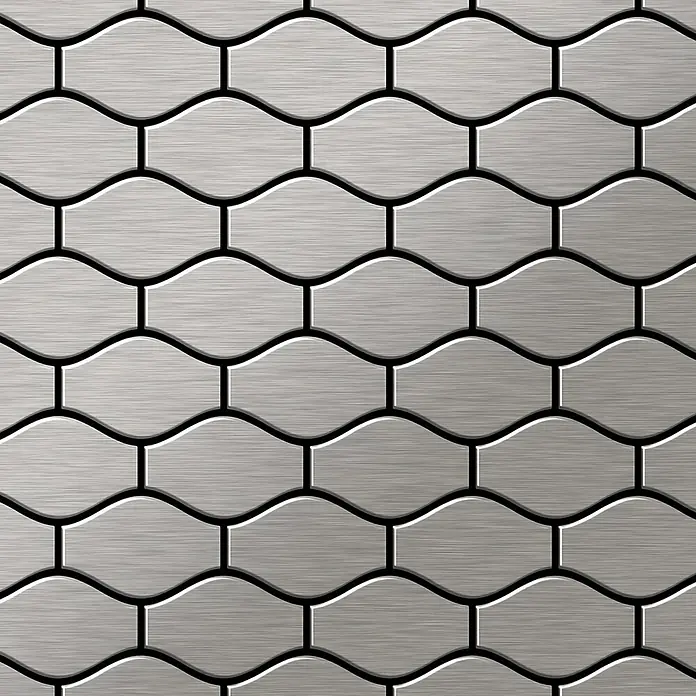 ALLOY Mosaikfliese Mosaik Fliese massiv Edelstahl gebürstet grau 1,6mm stark Karma-S-S-B - 329 x 301 mm, Grau, Silber, Sonstiges - Nahtloses Muster aus gebürsteten wellenförmigen Fliesen in Metalloptik mit schwarzer Fuge.