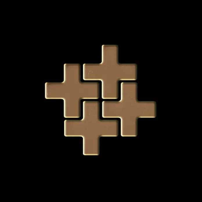 ALLOY Mosaikfliese Mosaik Fliese massiv Metall Titan hochglanz kupfer 1,6mm Swiss Cross-Ti-AM - 322 x 322 mm, Bronze, Hochglänzend - Vier matte braune ineinandergreifende Pluszeichen, die ein quadratisches Muster bilden.
