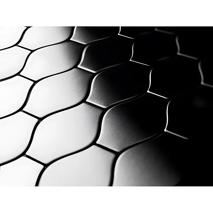 ALLOY Mosaikfliese Mosaik Fliese massiv Edelstahl gebürstet grau 1,6mm stark Karma-S-S-B - 329 x 301 mm, Grau, Silber, Sonstiges - Glänzende, silber-schwarze, geschwungene Kacheln mit gebürsteter Textur.
