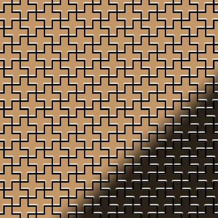 ALLOY Mosaikfliese Mosaik Fliese massiv Metall Titan hochglanz kupfer 1,6mm Swiss Cross-Ti-AM - 322 x 322 mm, Bronze, Hochglänzend - Strukturierte braun-schwarze Musterung ineinandergreifender Kreuzformen.