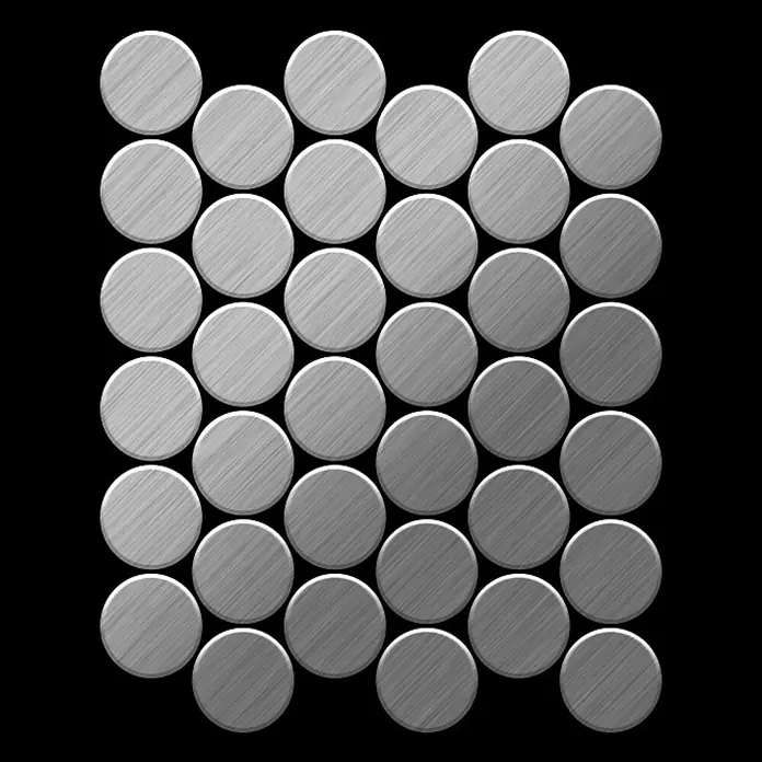 ALLOY Mosaikfliese Mosaik Fliese massiv Edelstahl gebürstet grau 1,6mm stark Medallion-S-S-B - 313 x 256 mm, Grau, Silber, Sonstiges - Gebürstete metallgraue runde Fliesen, mosaikartig angeordnet.