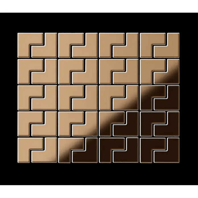 ALLOY Mosaikfliese Mosaik Fliese massiv Titan hochglänzend kupfer 1,6mm stark Kink-Ti-AM - 307 x 304 mm, Bronze, Hochglänzend - Ineinandergreifende L-förmige Puzzleteile, hell- und dunkelbraun, glänzend in einem Gitter angeordnet.