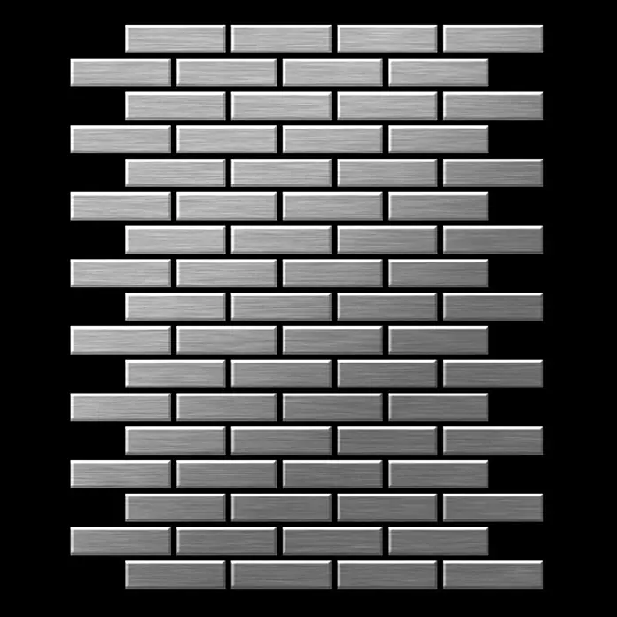 ALLOY Mosaikfliese Mosaik Fliese massiv Edelstahl marine gebürstet grau 1,6mm PK-S-S-MB - 309 x 302 mm, Grau, Silber, Blau, Sonstiges - Gebürstete silberne Metall-U-Bahn-Fliesen in versetztem Muster.