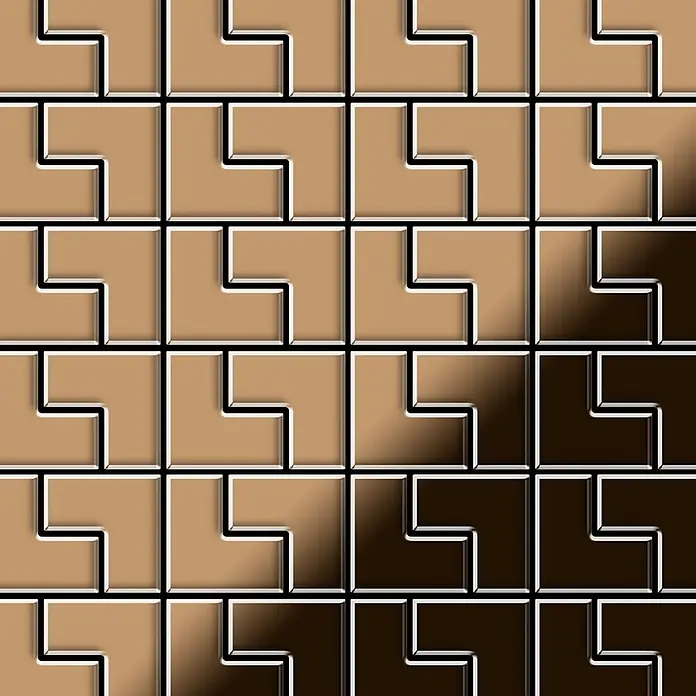 ALLOY Mosaikfliese Mosaik Fliese massiv Titan hochglänzend kupfer 1,6mm stark Kink-Ti-AM - 307 x 304 mm, Bronze, Hochglänzend - Nahtloses Muster aus ineinandergreifenden L-förmigen Fliesen mit braunem Farbverlauf von hell nach dunkel, glänzend und geprägt.