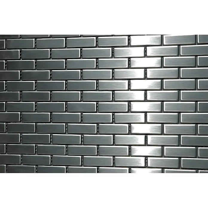 ALLOY Mosaikfliese Mosaik Fliese massiv Edelstahl marine gebürstet grau 1,6mm PK-S-S-MB - 309 x 302 mm, Grau, Silber, Blau, Sonstiges - Gebürstete rechteckige Metallfliesen im Ziegelmuster, Licht reflektierend.