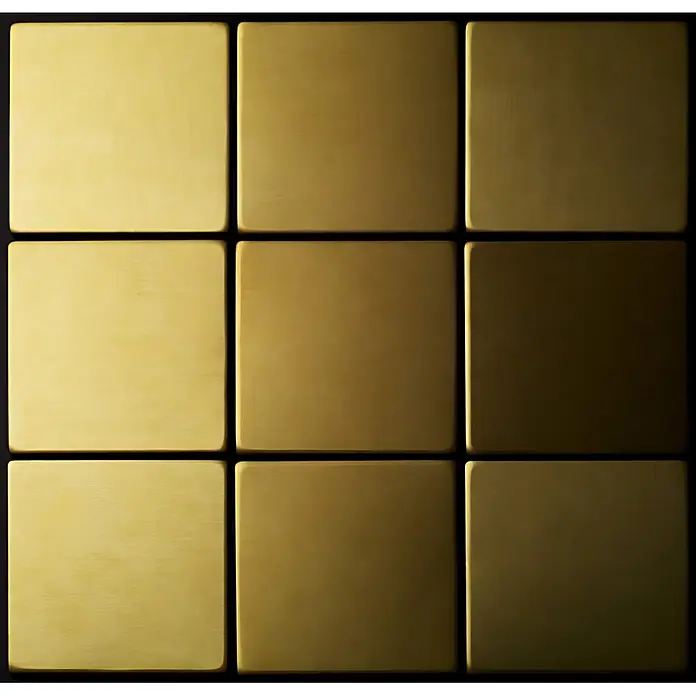 ALLOY Mosaikfliese Mosaik Fliese massiv Metall Messing gewalzt gold 1,6mm stark Attica-BM - 295 x 295 mm, Gold, Sonstiges - Ein 3x3 Raster aus quadratischen, messingfarbenen Metallfliesen mit abgerundeten Ecken.