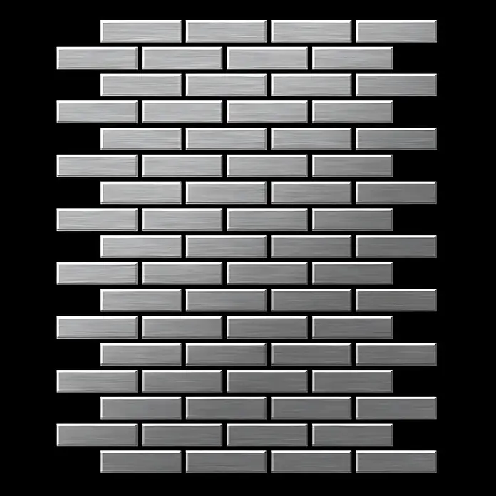 ALLOY Mosaikfliese Mosaik Fliese massiv Edelstahl marine gebürstet grau 1,6mm PK-S-S-MB - 309 x 302 mm, Grau, Silber, Blau, Sonstiges - Gebürstete silberne Metall-Rechteckfliesen in versetztem Muster angeordnet.