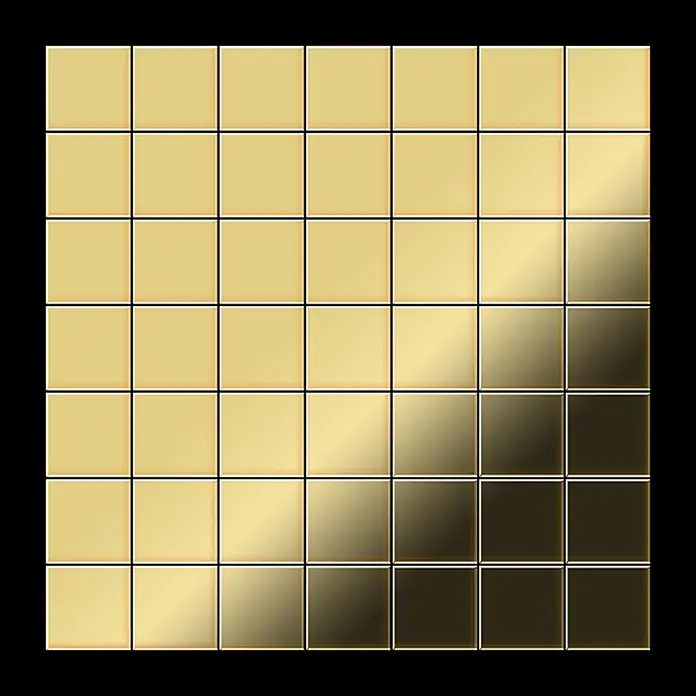 ALLOY Mosaikfliese Mosaik Fliese massiv Metall Messing gewalzt gold 1,6mm stark Attica-BM - 295 x 295 mm, Gold, Sonstiges - Gitter aus glänzenden goldenen Quadraten mit einem diagonalen Verlauf von hell- zu dunkelgold.