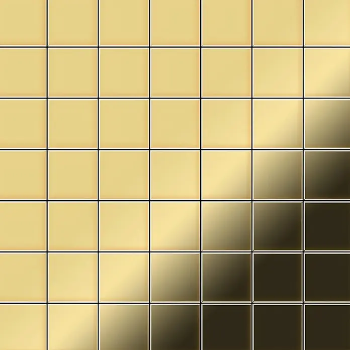 ALLOY Mosaikfliese Mosaik Fliese massiv Metall Messing gewalzt gold 1,6mm stark Attica-BM - 295 x 295 mm, Gold, Sonstiges - Schimmernde goldene Quadrate in einem Farbverlaufsmuster, von hell nach dunkel übergehend.