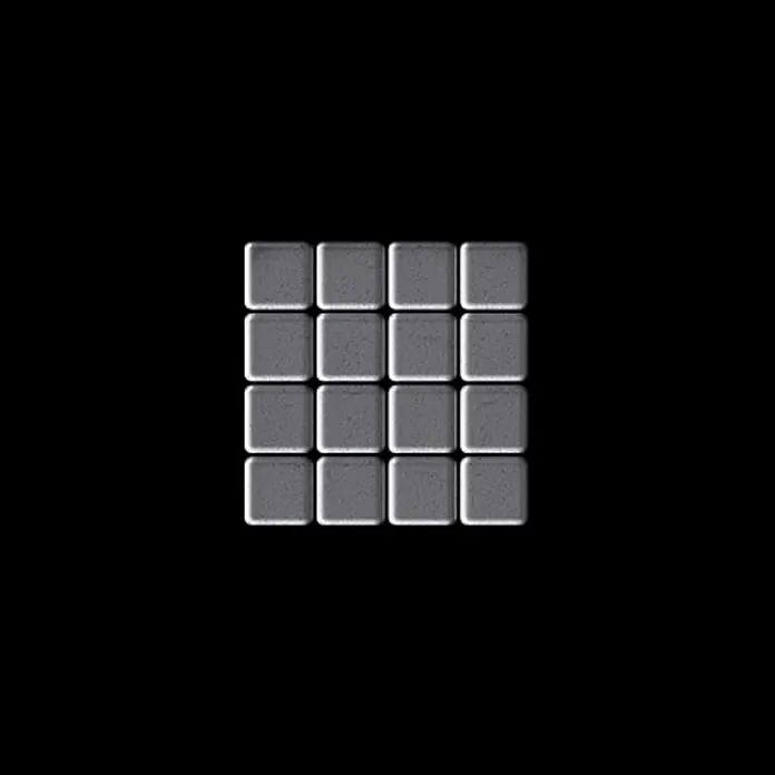 ALLOY Mosaikfliese Mosaik Fliese massiv Metall Rohstahl gewalzt grau 1,6mm stark Glomesh-RS - 316 x 316 mm, Grau, Sonstiges - Ein 4x4 Raster aus strukturierten, grauen Quadratfliesen mit abgerundeten Ecken.