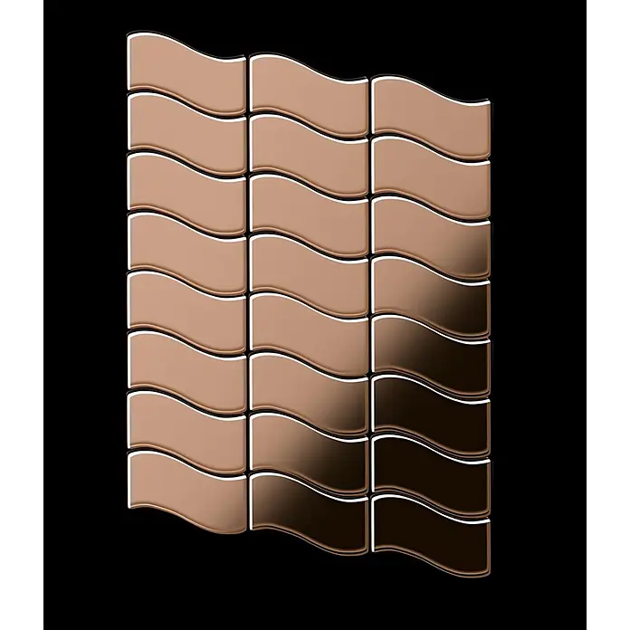 ALLOY Mosaikfliese Mosaik Fliese massiv Titan hochglänzend Kupfer 1,6mm stark Flux-Ti-AM - 318 x 305 mm, Bronze, Hochglänzend - Wellenförmige Metallfliesen mit Roségold- bis Dunkelbronze-Farbverlauf, bilden ein dekoratives Mosaikmuster.