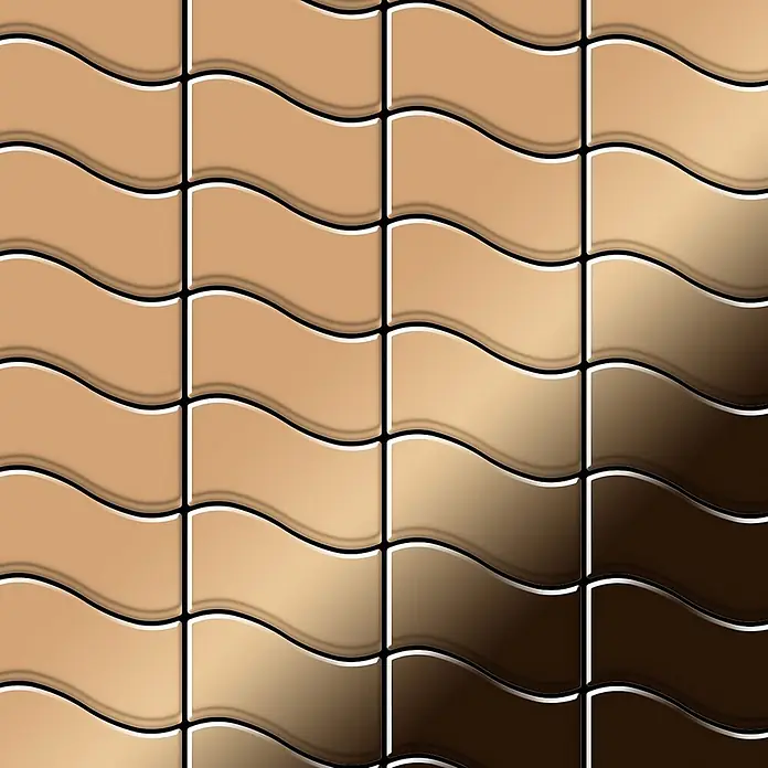 ALLOY Mosaikfliese Mosaik Fliese massiv Titan hochglänzend Kupfer 1,6mm stark Flux-Ti-AM - 318 x 305 mm, Bronze, Hochglänzend - Glänzende Wellenfliesen mit Farbverlauf von Hellbeige zu Dunkelbraun.