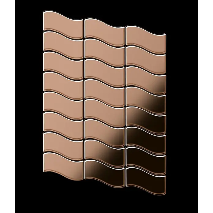 ALLOY Mosaikfliese Mosaik Fliese massiv Titan hochglänzend Kupfer 1,6mm stark Flux-Ti-AM - 318 x 305 mm, Bronze, Hochglänzend - Wellenförmige, rosé-goldene Metallfliesen im Raster, mit Farbverlauf.