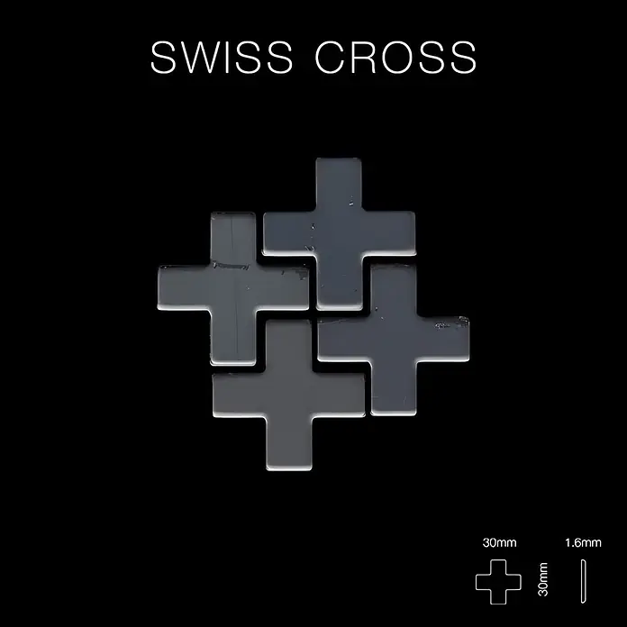 ALLOY Mosaikfliese Mosaik Fliese massiv Rohstahl gewalzt grau 1,6mm stark Swiss Cross-RS - 322 x 322 mm, Grau, Sonstiges - Vier ineinandergreifende dunkelgraue Schweizerkreuz-Fliesen, Maße 30mm x 30mm x 1.6mm.