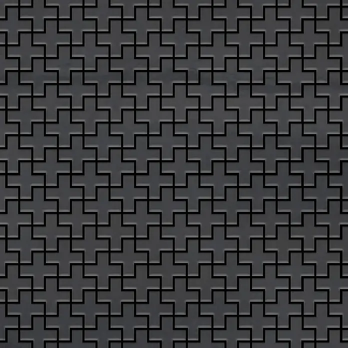 ALLOY Mosaikfliese Mosaik Fliese massiv Rohstahl gewalzt grau 1,6mm stark Swiss Cross-RS - 322 x 322 mm, Grau, Sonstiges - Dunkelgraue, geprägte Textur mit ineinandergreifendem Kreuzmuster, ideal für moderne Architekturoberflächen.