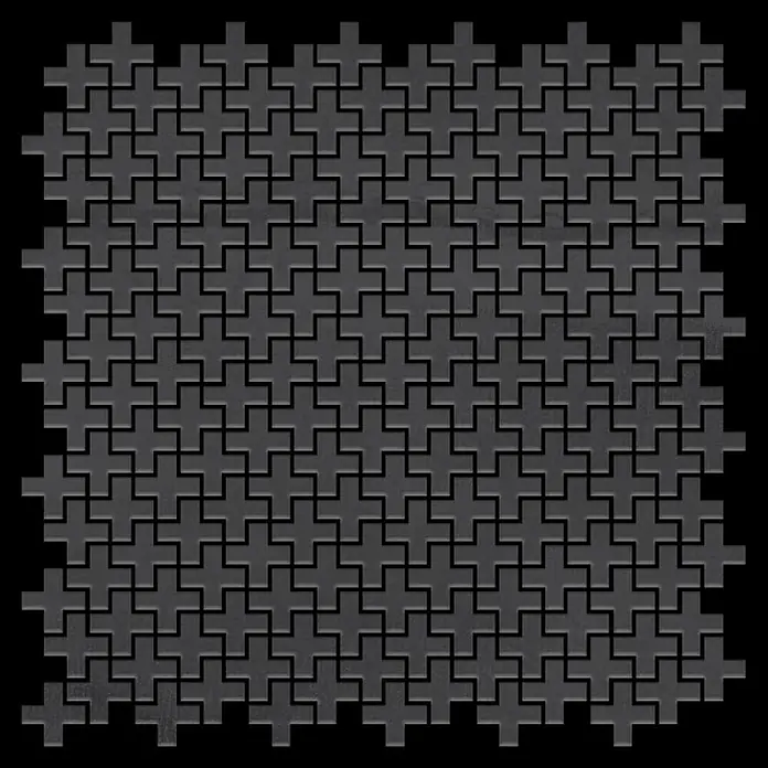 ALLOY Mosaikfliese Mosaik Fliese massiv Rohstahl gewalzt grau 1,6mm stark Swiss Cross-RS - 322 x 322 mm, Grau, Sonstiges - Dunkelgraue kreuzförmige Mosaikfliesen in einem Gittermuster.