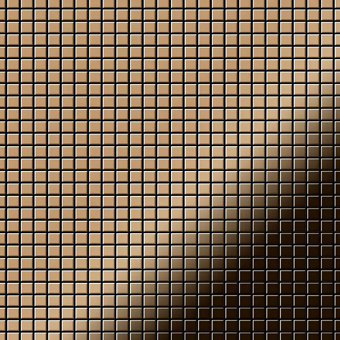 ALLOY Mosaikfliese Mosaik Fliese massiv Metall Titan hochglanz kupfer 1,6mm Glomesh-Ti-AM - 316 x 316 mm, Bronze, Hochglänzend - Gitter aus metallischen, quadratischen Bronzemosaikfliesen mit Hell-Dunkel-Verlaufseffekt.