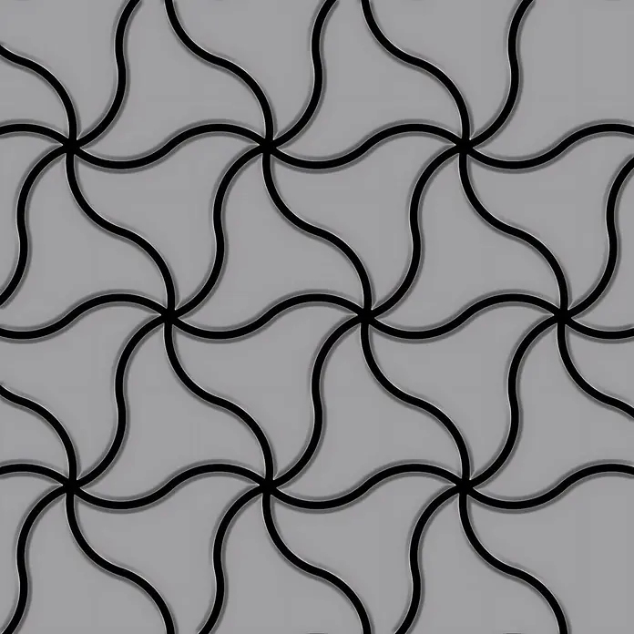 ALLOY Mosaikfliese Mosaik Fliese massiv Metall Edelstahl matt grau 1,6mm stark Ninja-S-S-MA - 313 x 255 mm, Grau, Silber, Matt - Graues nahtloses Muster mit schwarzen erhabenen Wellenlinien, die miteinander verbundene geometrische Formen bilden.