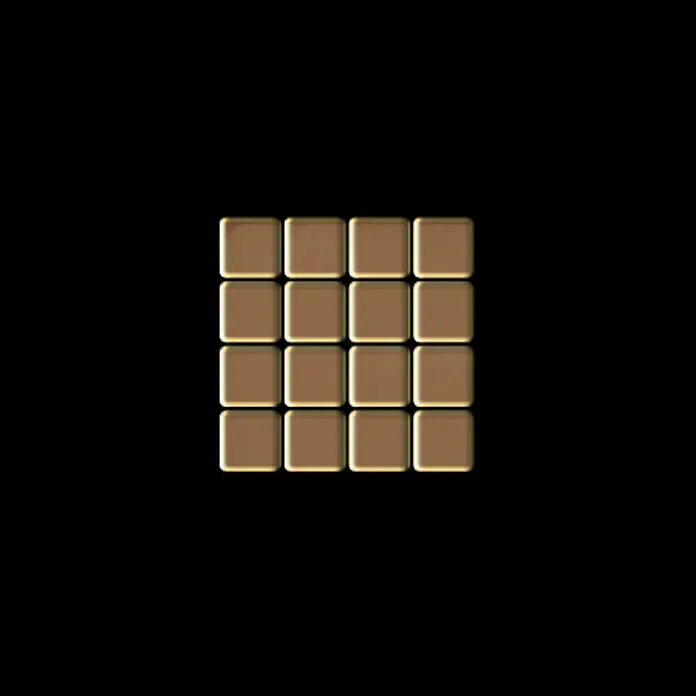 ALLOY Mosaikfliese Mosaik Fliese massiv Metall Titan hochglanz kupfer 1,6mm Glomesh-Ti-AM - 316 x 316 mm, Bronze, Hochglänzend - 16 goldfarbene, erhabene quadratische Fliesen in einem 4x4-Raster angeordnet.