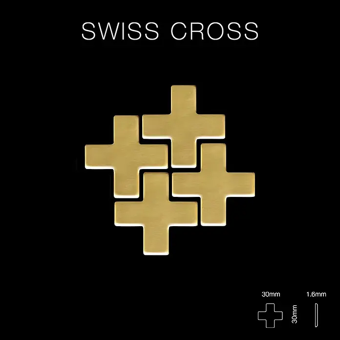 ALLOY Mosaikfliese Mosaik Fliese massiv Messing gewalzt gold 1,6mm stark Swiss CroS-S-BM - 322 x 322 mm, Gold, Sonstiges - Vier goldene Messing-Schweizerkreuze, 30x30x1.6mm, zusammen dargestellt.