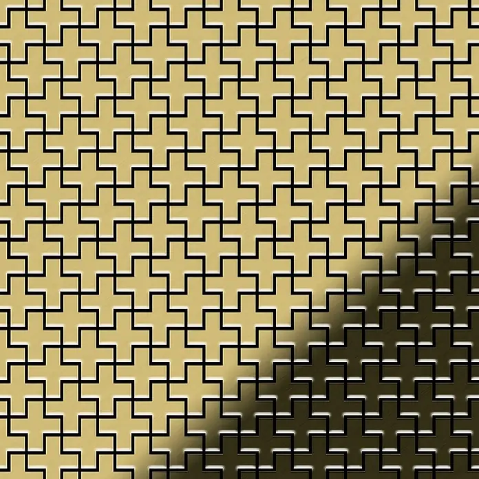 ALLOY Mosaikfliese Mosaik Fliese massiv Messing gewalzt gold 1,6mm stark Swiss CroS-S-BM - 322 x 322 mm, Gold, Sonstiges - Gebürstetes goldfarbenes Metallmuster mit ineinandergreifenden geometrischen Kreuzformen. Strukturierte Dekorationsoberfläche.