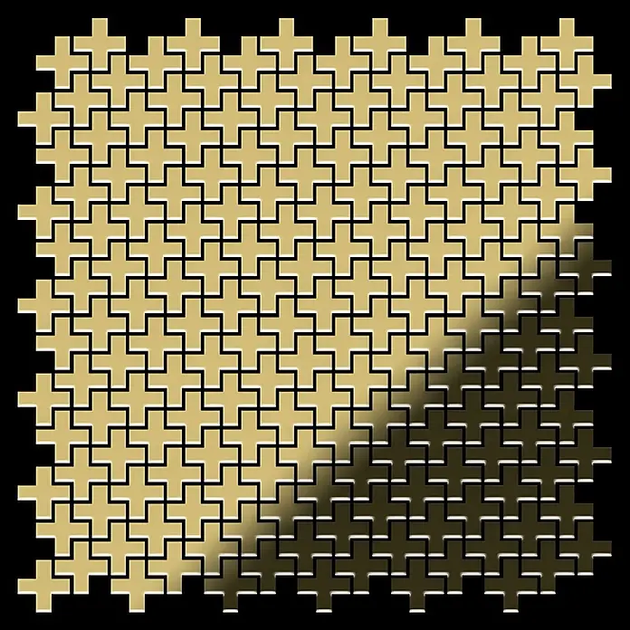 ALLOY Mosaikfliese Mosaik Fliese massiv Messing gewalzt gold 1,6mm stark Swiss CroS-S-BM - 322 x 322 mm, Gold, Sonstiges - Tessellation von glänzenden goldenen kreuzförmigen Fliesen, die sich nach unten rechts subtil verdunkeln.