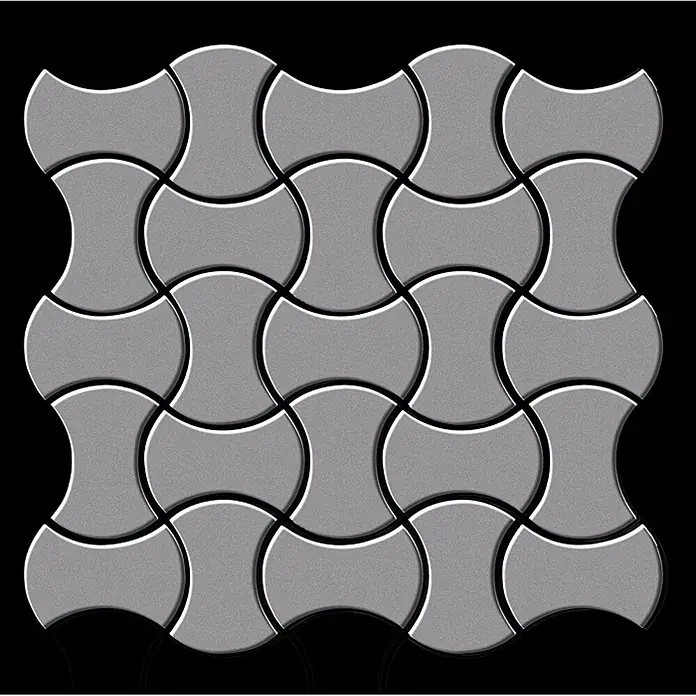 ALLOY Mosaikfliese Mosaik Fliese massiv Metall Edelstahl matt grau 1,6mm stark Infinit-S-S-MA - 322 x 322 mm, Grau, Silber, Matt - Graue, S-förmige Verbundpflastersteine in einem dichten Raster angeordnet, ideal für robuste Außenflächen wie Einfahrten und Wege.
