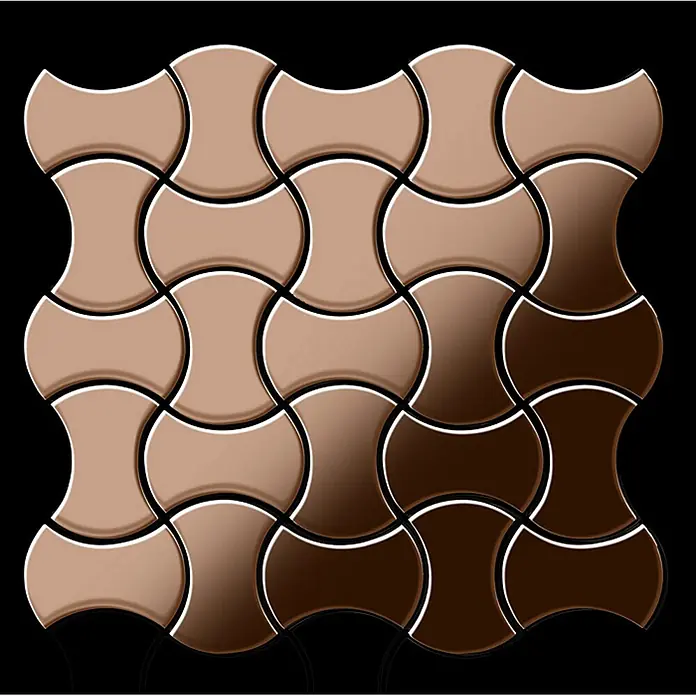 ALLOY Mosaikfliese Mosaik Fliese massiv Titan hochglänzend kupfer 1,6mm stark Infinit-Ti-AM - 322 x 322 mm, Bronze, Hochglänzend - Glänzende, zweifarbige braune ineinandergreifende „Hundeknochen“-Fliesen bilden ein dekoratives Muster.