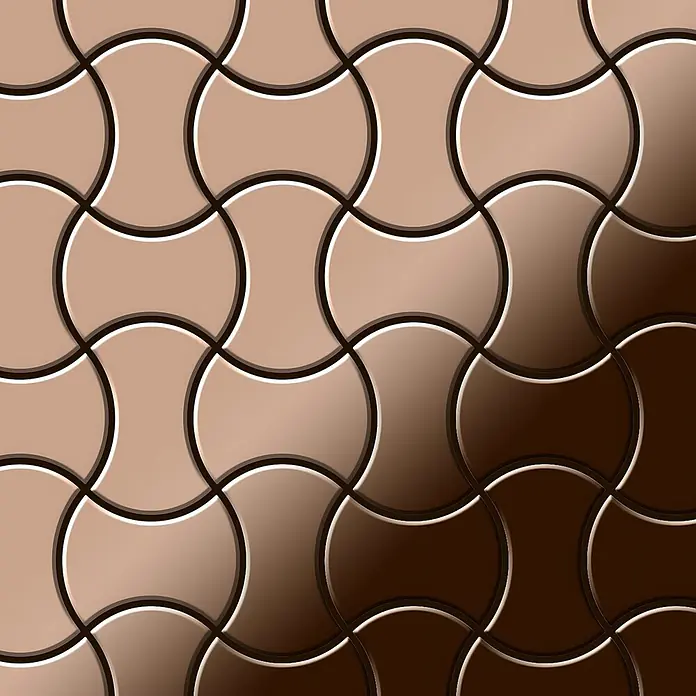 ALLOY Mosaikfliese Mosaik Fliese massiv Titan hochglänzend kupfer 1,6mm stark Infinit-Ti-AM - 322 x 322 mm, Bronze, Hochglänzend - Gradient braune, ineinandergreifende Pflastersteine mit geschwungenem, wellenförmigem Muster.