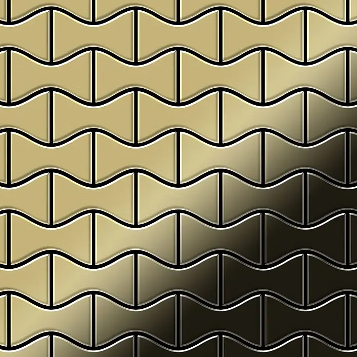 ALLOY Mosaikfliese Mosaik Fliese massiv Metall Messing gewalzt gold 1,6mm stark Kismet-BM - 329 x 299 mm, Gold, Sonstiges - Nahtloses Muster aus ineinandergreifenden knochenförmigen Blöcken in Gold, mit Farbverlauf von hell- zu dunkelgold, schwarz umrandet.