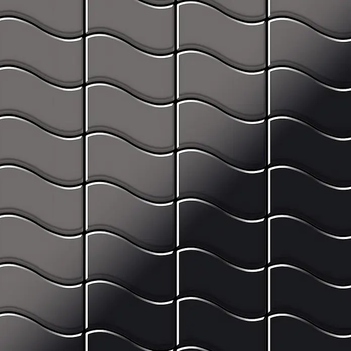 ALLOY Mosaikfliese Mosaik Fliese massiv Metall Titan hochglanz dunkelgrau 1,6mm Flux-Ti-SM - 318 x 305 mm, Schwarz, Grau, Hochglänzend - Glänzende, gewellte Zierfliesen mit Grau-Schwarz-Farbverlauf und weißen Umrandungen.