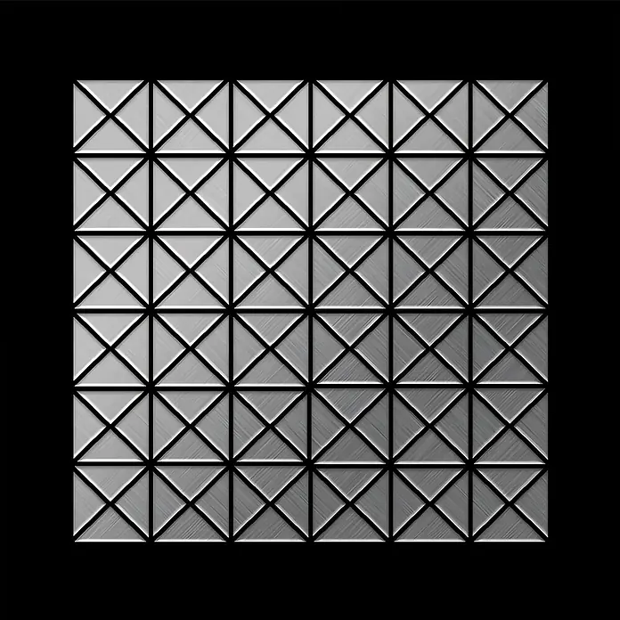 ALLOY Mosaikfliese Mosaik Fliese massiv Edelstahl gebürstet grau 1,6mm stark Deco-S-S-B - 303 x 303 mm, Grau, Silber, Sonstiges - Silbergraues geometrisches Paneel mit gebürsteten Metall-Dreiecken und schwarzen Gitterlinien.