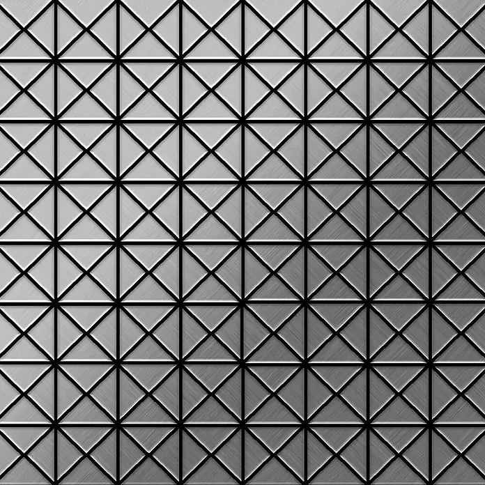 ALLOY Mosaikfliese Mosaik Fliese massiv Edelstahl gebürstet grau 1,6mm stark Deco-S-S-B - 303 x 303 mm, Grau, Silber, Sonstiges - Gebürstetes silbernes Metallpaneel mit geometrischem Dreiecksgittermuster.