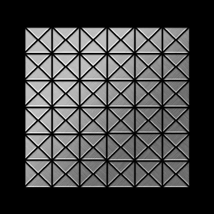 ALLOY Mosaikfliese Mosaik Fliese massiv Edelstahl gebürstet grau 1,6mm stark Deco-S-S-B - 303 x 303 mm, Grau, Silber, Sonstiges - Gebürstete silberne Metallplatte mit einem geometrischen Muster aus ineinandergreifenden Dreiecken und Quadraten.