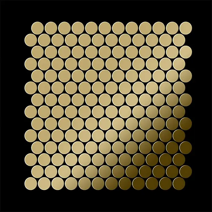 ALLOY Mosaikfliese Mosaik Fliese massiv Titan hochglänzend gold 1,6mm stark Penny-Ti-GM - 302 x 316 mm, Gold, Hochglänzend - Platte aus runden Mosaikfliesen in Metallic-Gold mit Farbverlauf von hell nach dunkel.