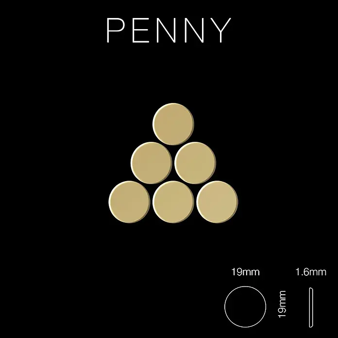 ALLOY Mosaikfliese Mosaik Fliese massiv Titan hochglänzend gold 1,6mm stark Penny-Ti-GM - 302 x 316 mm, Gold, Hochglänzend - Sechs goldene, scheibenförmige Wertmarken, 19mm Durchmesser und 1,6mm Dicke, ähnlich einem Penny.