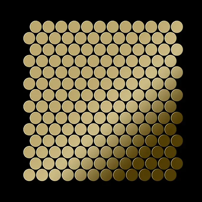 ALLOY Mosaikfliese Mosaik Fliese massiv Titan hochglänzend gold 1,6mm stark Penny-Ti-GM - 302 x 316 mm, Gold, Hochglänzend - Goldfarbene runde Mosaikfliesen mit Farbverlauf.