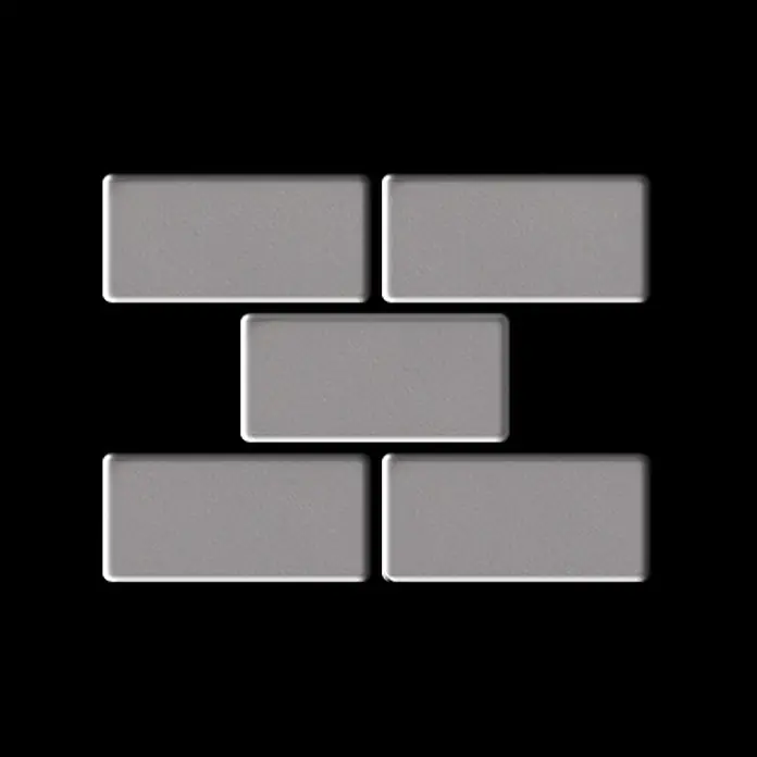 ALLOY Mosaikfliese Mosaik Fliese massiv Metall Edelstahl matt grau 1,6mm stark House-S-S-MA - 318 x 307 mm, Grau, Silber, Matt - Fünf hellgraue rechteckige Blöcke in versetzter Ziegelanordnung.