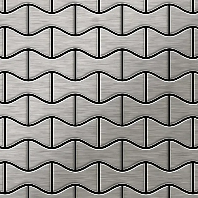 ALLOY Mosaikfliese Mosaik Fliese massiv Edelstahl marine gebürstet grau 1,6mm Kismet-S-S-MB - 329 x 299 mm, Grau, Silber, Blau, Sonstiges - Gebürstetes graues Metall-Tessellationsmuster mit welligen und geraden Linien.
