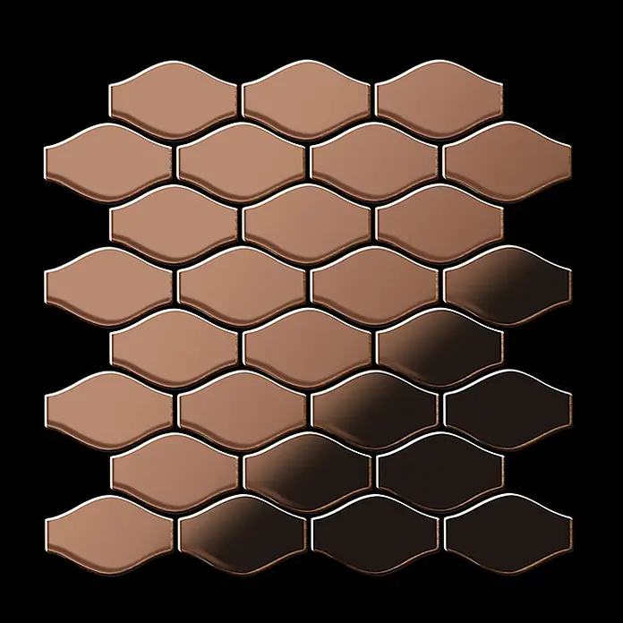 ALLOY Mosaikfliese Mosaik Fliese massiv Titan hochglänzend kupfer 1,6mm stark Karma-Ti-AM - 329 x 301 mm, Bronze, Hochglänzend - Glänzende, bronzefarbene Metallfliesen in ineinandergreifendem, wellenförmigem Muster.