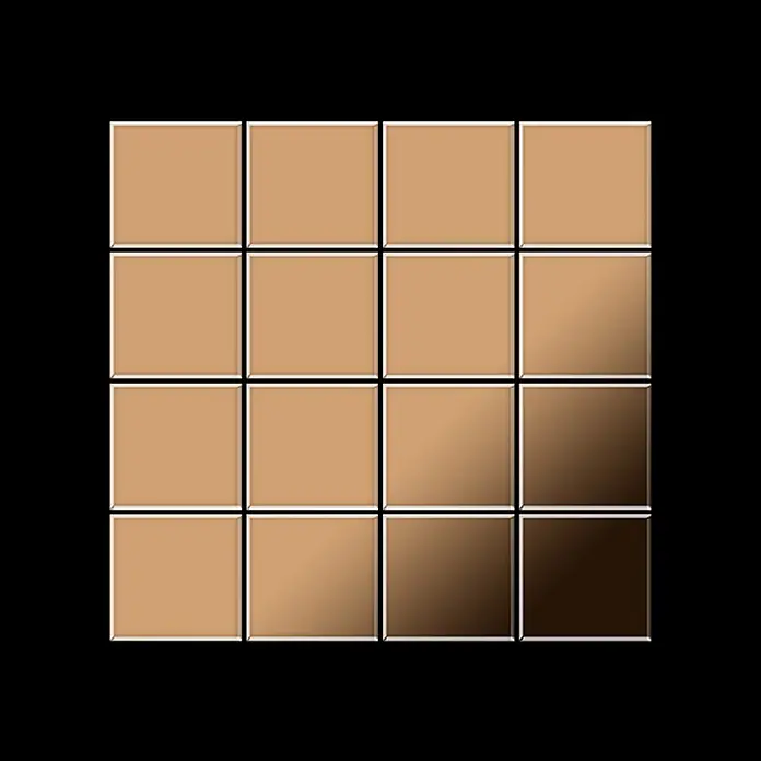 ALLOY Mosaikfliese Mosaik Fliese massiv Metall Titan hochglanz kupfer 1,6mm Cinquanta-Ti-AM - 306 x 306 mm, Bronze, Hochglänzend - Ein 4x4-Gitter aus braunen quadratischen Fliesen mit einem hell-dunklen Farbverlauf, am dunkelsten unten rechts.