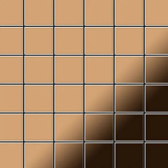 ALLOY Mosaikfliese Mosaik Fliese massiv Metall Titan hochglanz kupfer 1,6mm Cinquanta-Ti-AM - 306 x 306 mm, Bronze, Hochglänzend - Quadratische Fliesen mit einem beige-braunen Farbverlaufsmuster.