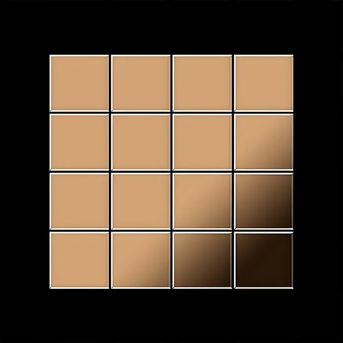 ALLOY Mosaikfliese Mosaik Fliese massiv Metall Titan hochglanz kupfer 1,6mm Cinquanta-Ti-AM - 306 x 306 mm, Bronze, Hochglänzend - Gitter aus 16 quadratischen Kacheln mit einem sanften Farbverlauf von hellem Beige zu Dunkelbraun und abgeschrägten Kanten.
