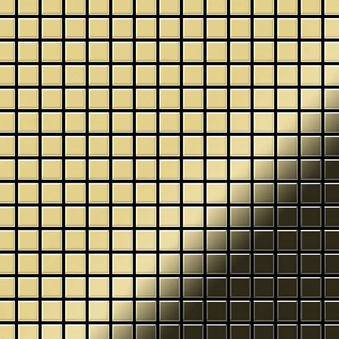 ALLOY Mosaikfliese Mosaik Fliese massiv Metall Messing gewalzt gold 1,6mm stark Mosaic-BM - 322 x 322 mm, Gold, Sonstiges - Goldene quadratische Mosaikfliesen mit metallischem Glanz, diagonal verlaufender Farbverlauf von hell- zu dunkelgold.